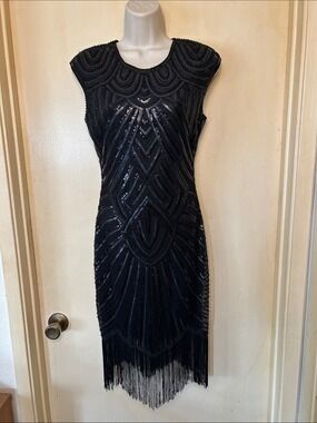 Babeyond Black Beaded Fringe Mini Dress - Sleeveless Art Deco Style size XS